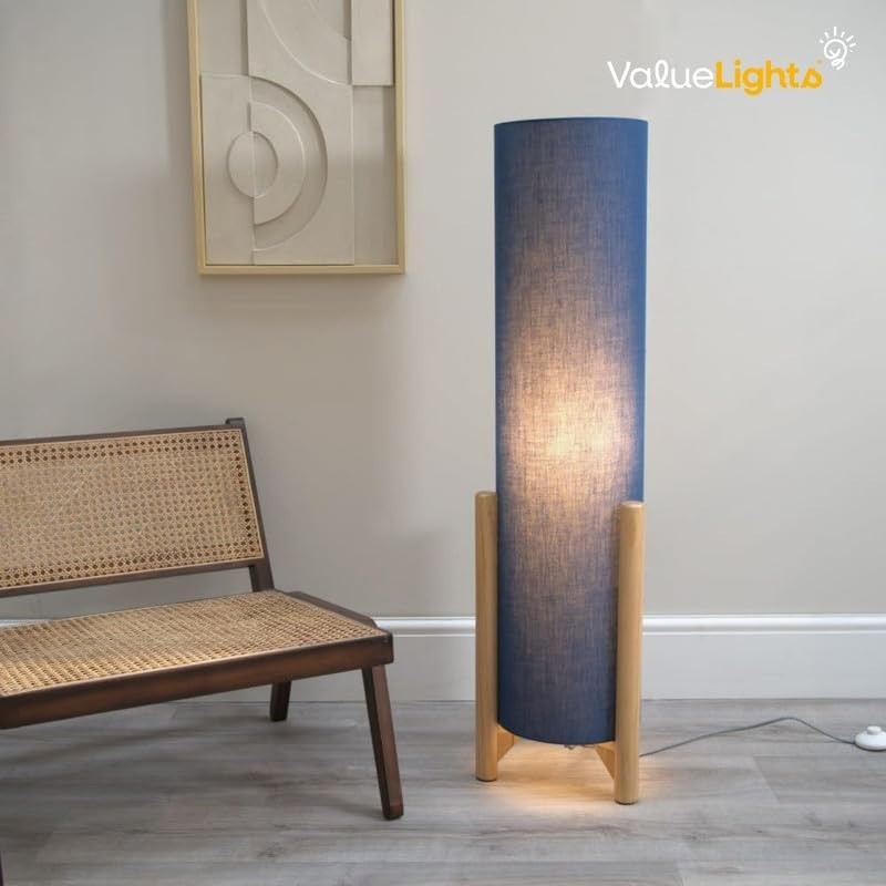 Wooden Oak Effect Floor Lamp with Charcoal Fabric Shade & LED Bulb