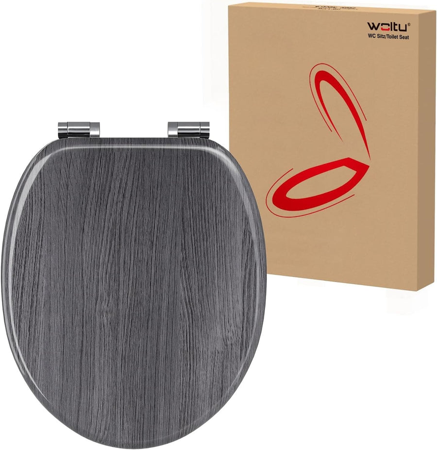 Wooden Toilet Seat Soft Close Grey Maple MDF Heavy Duty Standard WC 43.8x37.8cm