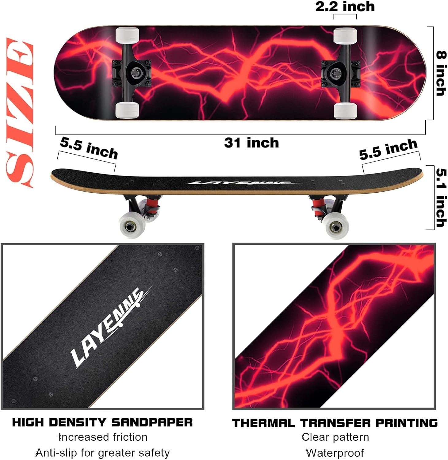 31" Red Skateboard for All Ages | 7-Layer Maple Deck | ABEC-11 Bearings