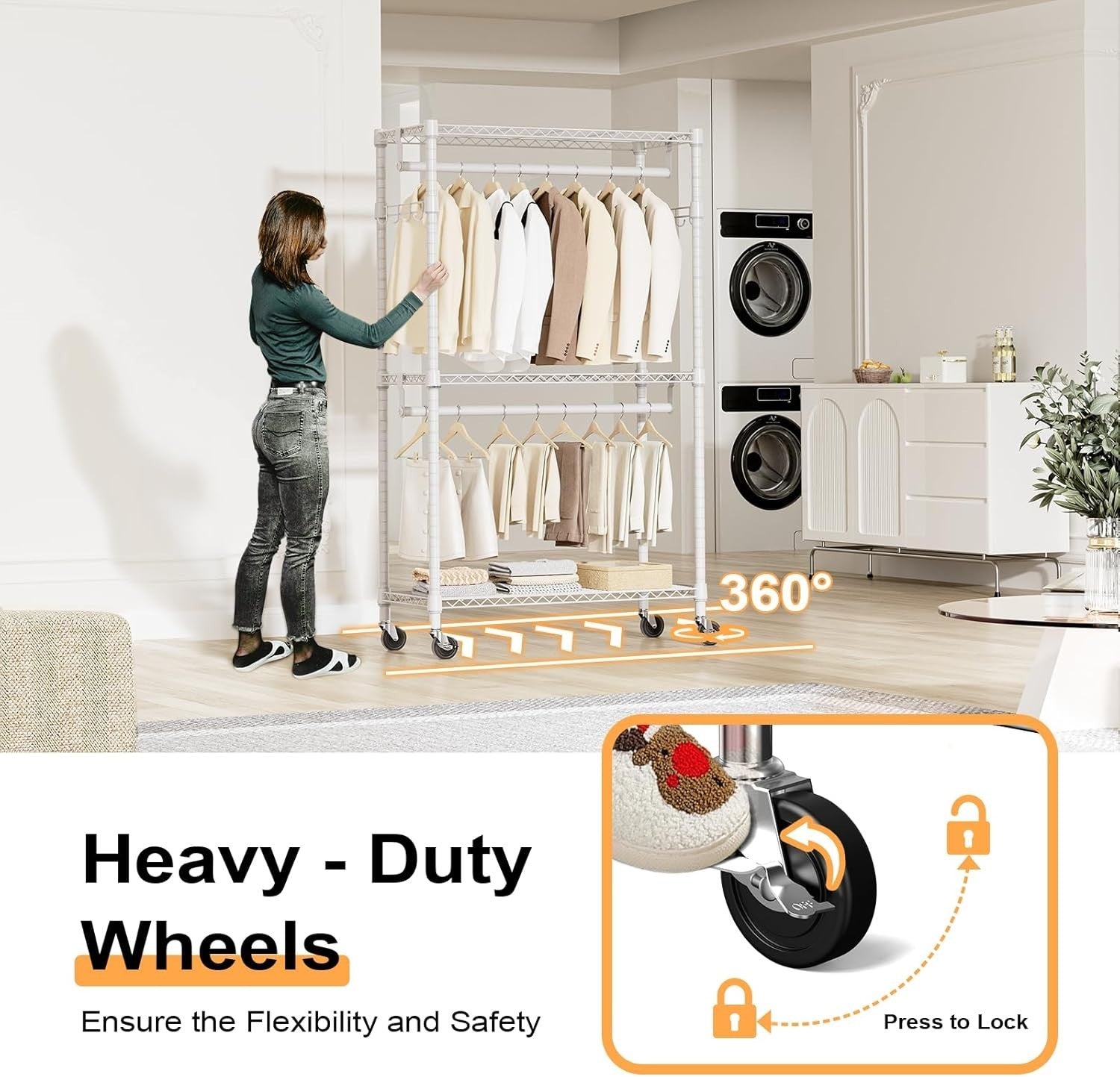 Heavy Duty White Garment Rack – 3 Tier, 2 Rods, 189cm with Wheels