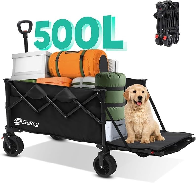 Black 350–500L Folding Camping Wagon 440lb Heavy Duty All Terrain Festival Cart