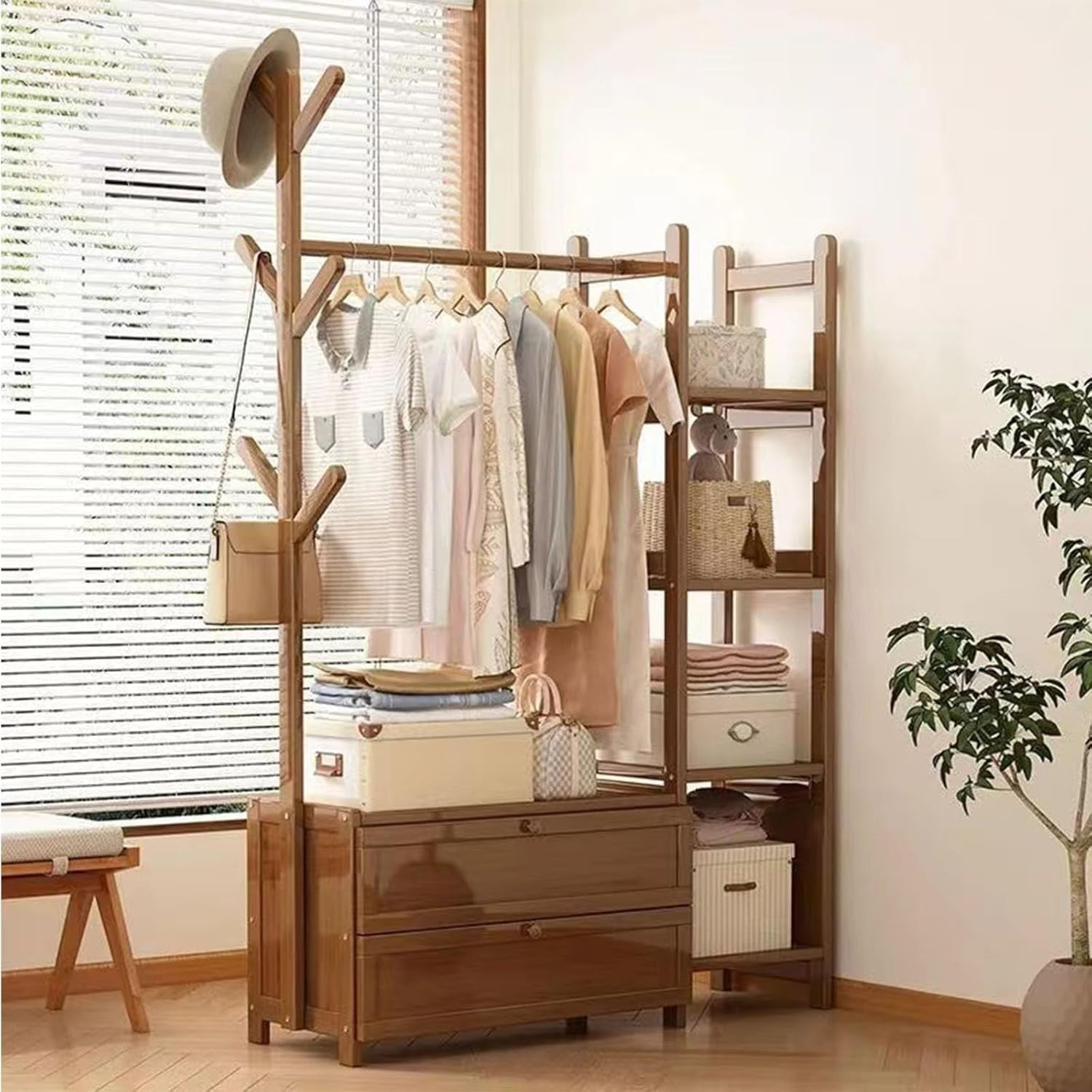 Bamboo Open Wardrobe Clothes Shelf with Drawers & Hooks 100cm