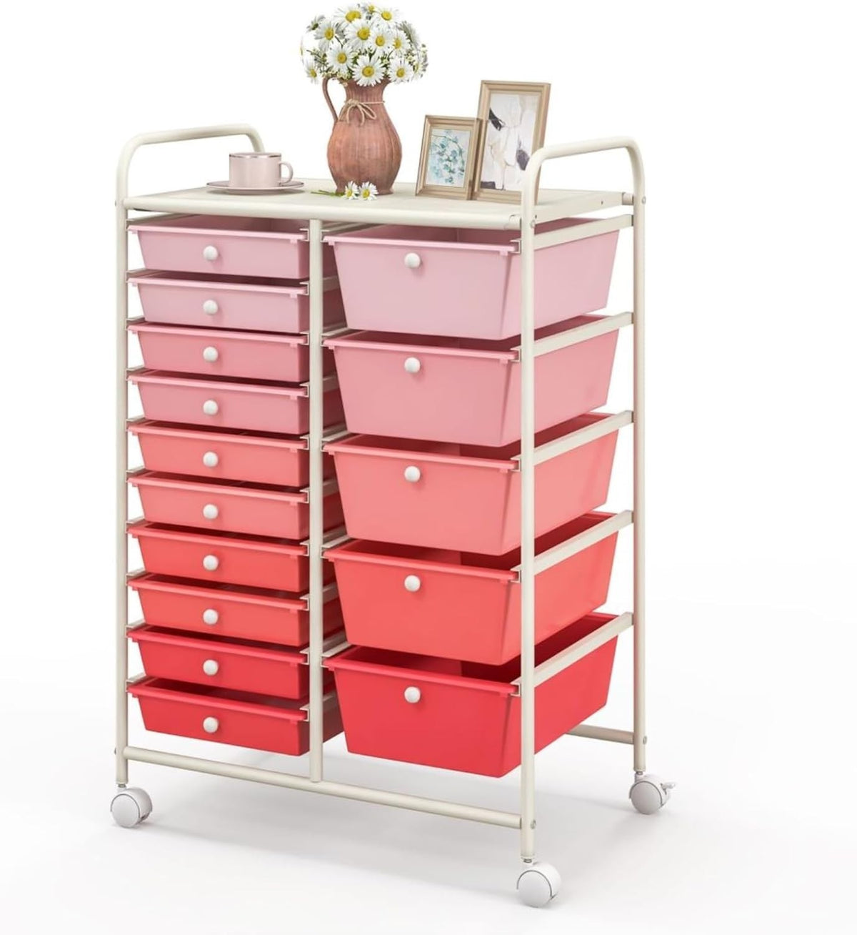 15 Drawer Rolling Storage Trolley Gradient Pink Organizer Cart