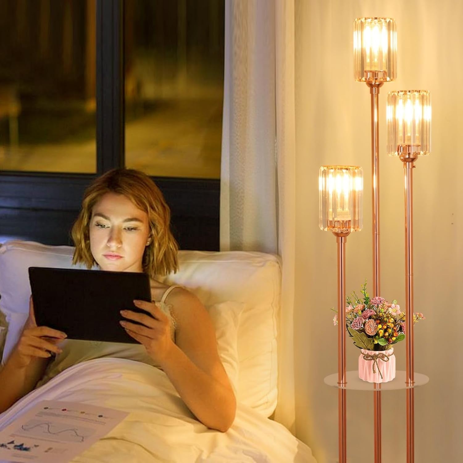 3-Light Rose Gold Floor Lamp with Glass Shades & Shelves | Modern Standing Light