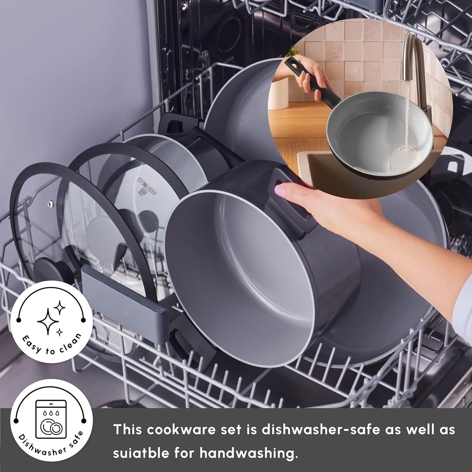 7pcs Grey Ceramic Non Stick Induction Cookware Set with Glass Lids
