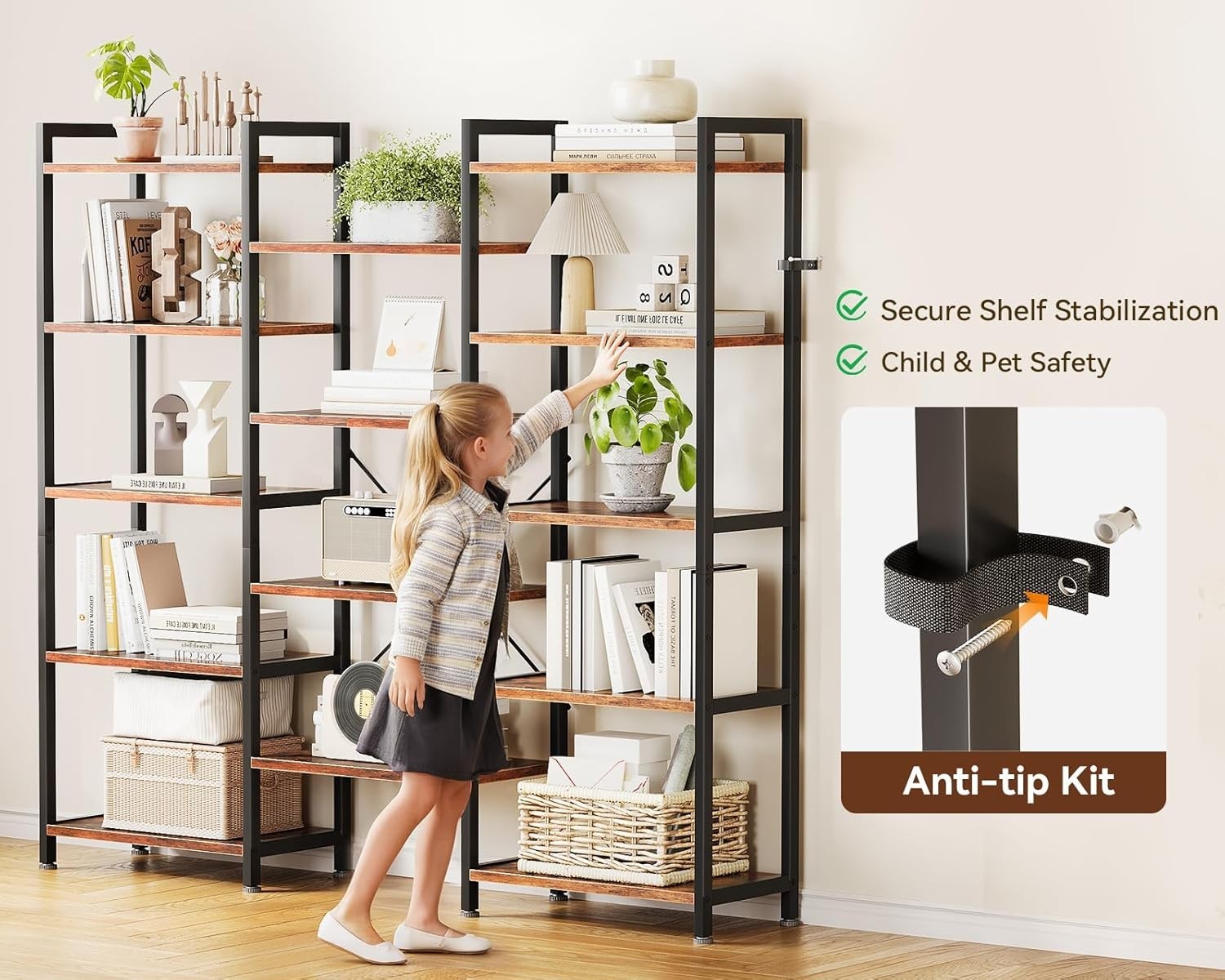 5 Tier Triple Bookshelf Industrial 14 Shelf Wide Bookcase Rustic Brown Metal