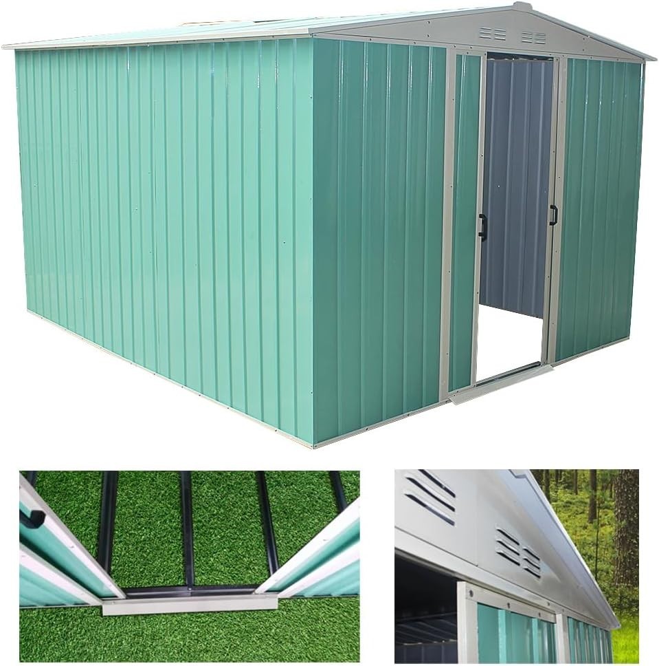 8x6ft Heavy Duty Metal Garden Storage Shed with Lockable Sliding Doors Green