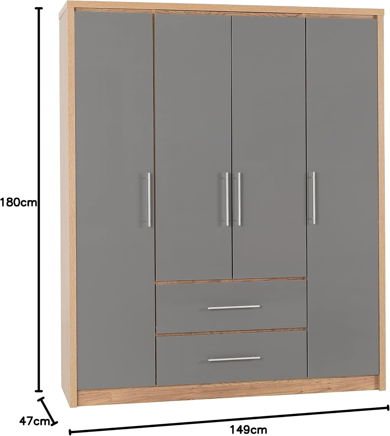 Grey Gloss 4 Door Wardrobe with 2 Drawers – Spacious Bedroom Storage Unit