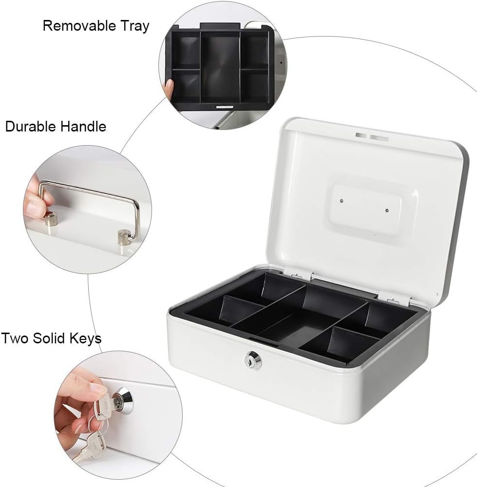Lockable Cash Box Money Tray Coin Organizer Safe Box with Keys White