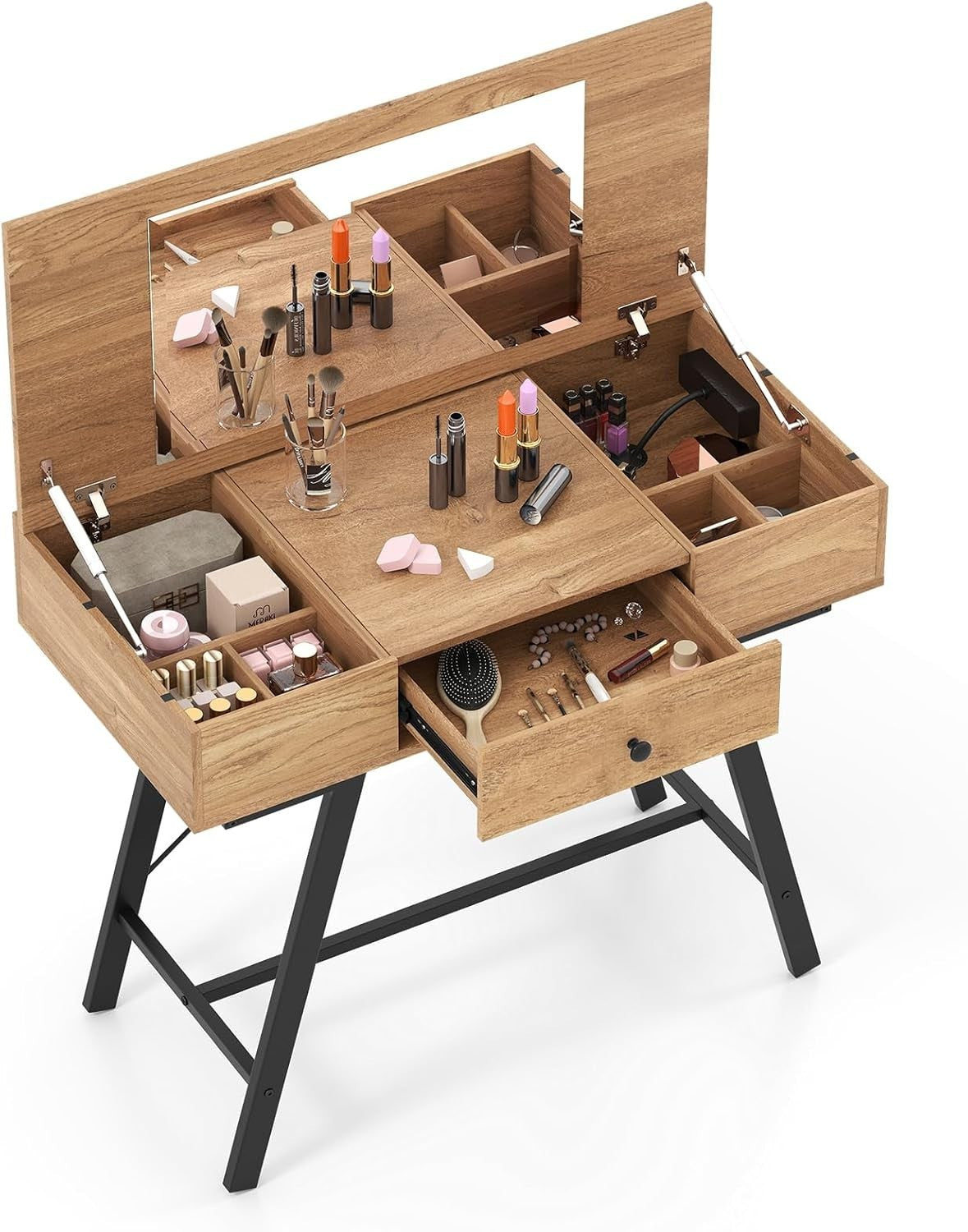 Vanity Makeup Dressing Table Desk Mirror Wood Drawer Charger Station Rustic