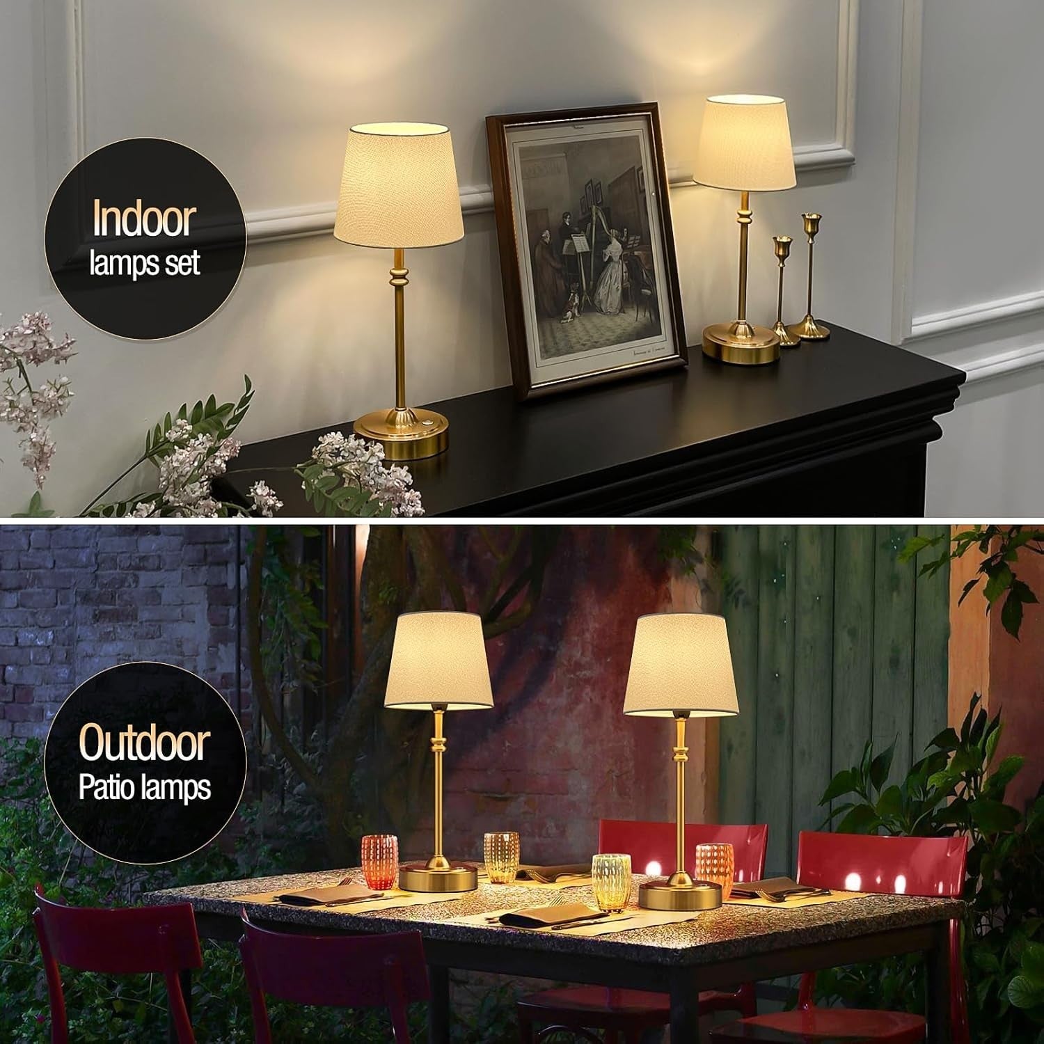 Rechargeable Cordless Table Lamp Touch Dimmable Gold Fabric Shade 40cm