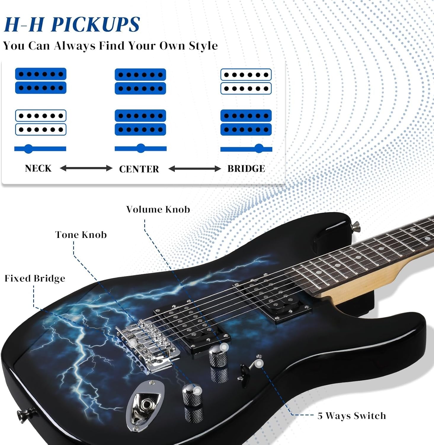 39in Electric Guitar H-H Pickups Beginner Kit Blue w/Bag