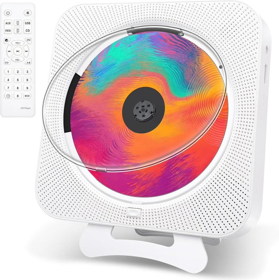 Bluetooth CD Player Boombox Wall Mount FM Radio USB AUX Remote White