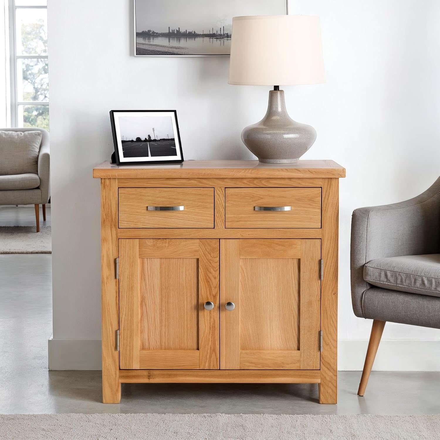 Solid Oak Sideboard Storage Cabinet 2 Door Cupboard | Drawers & Shelf Unit