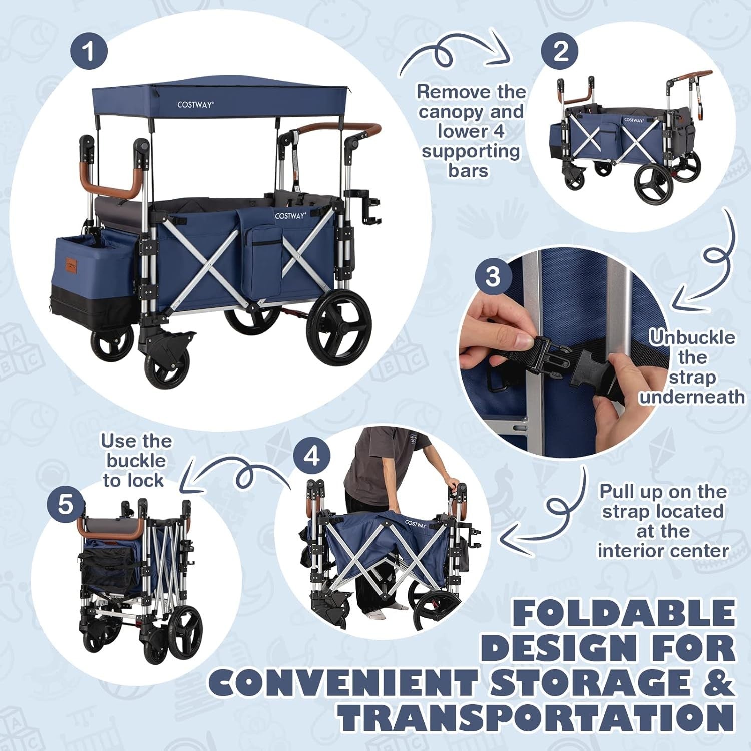 Navy Push Pull Stroller Wagon 2-Seater Folding Cart w/ Canopy 5-Point Harness