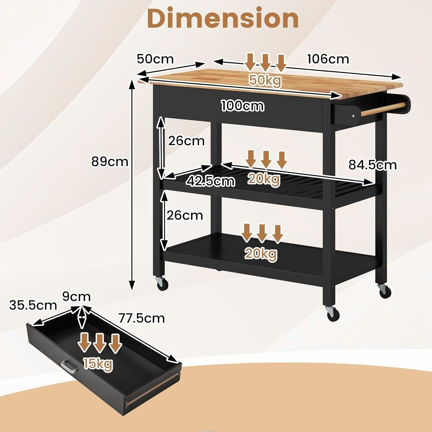 Black 106cm Kitchen Island Cart Rubber Wood