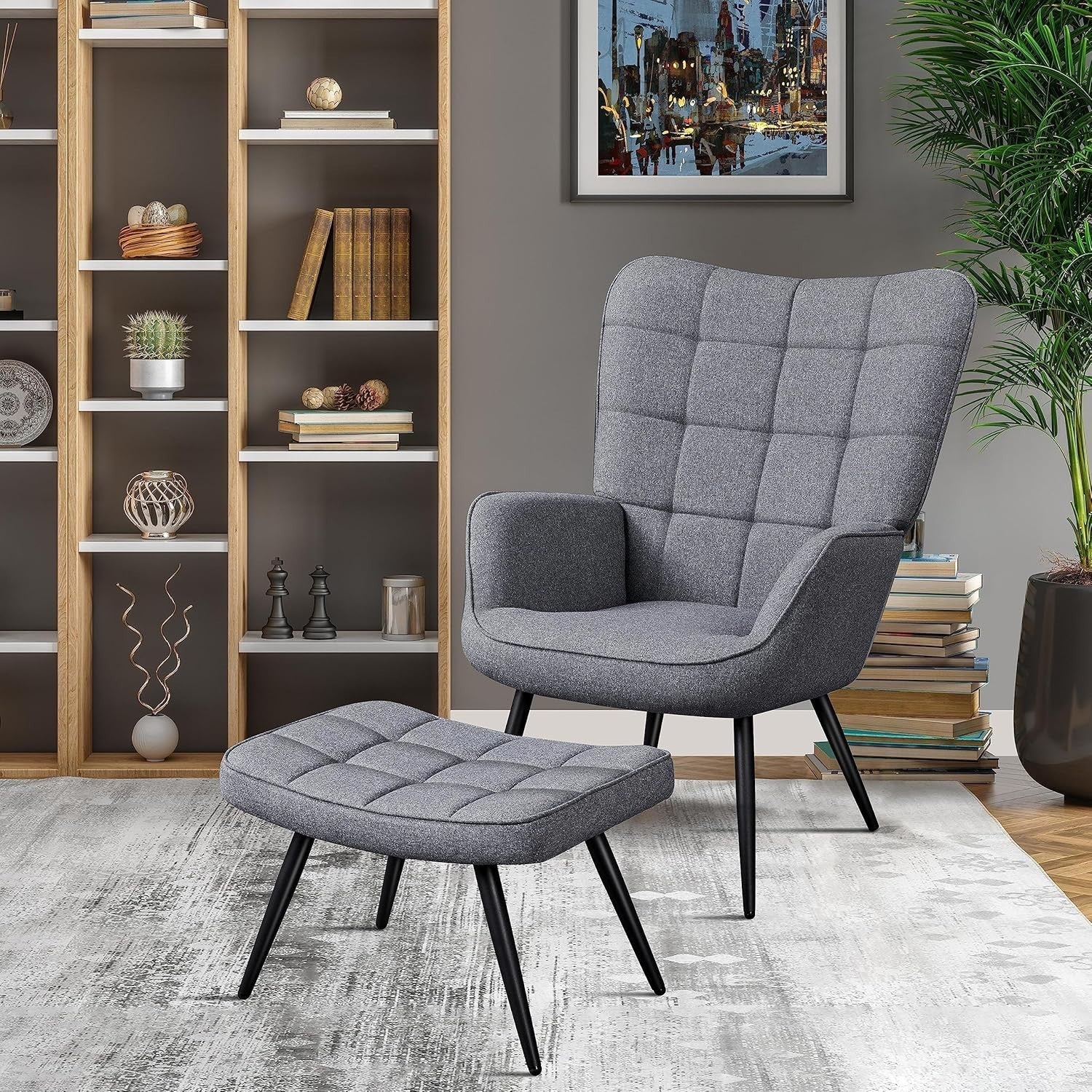 Modern Oversized Gray Linen Accent Chair with Ottoman - High Back Living Room