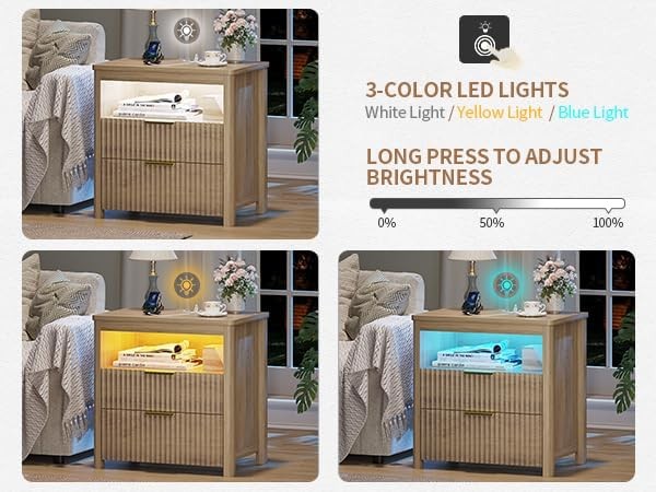 24" Natural Wood Bedside Table with Charging Station, LED Light & 3 Drawers