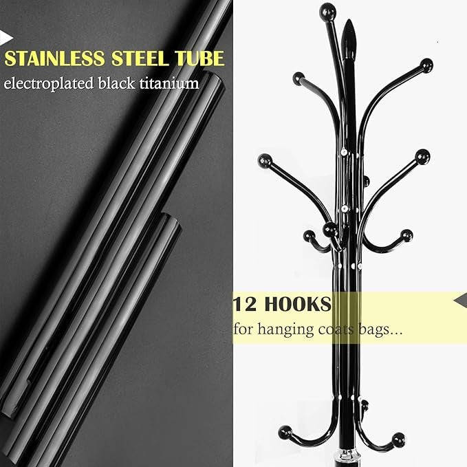 Black Metal Coat Rack Stand with Marble Base 12 Hooks Hall Tree for Entryway