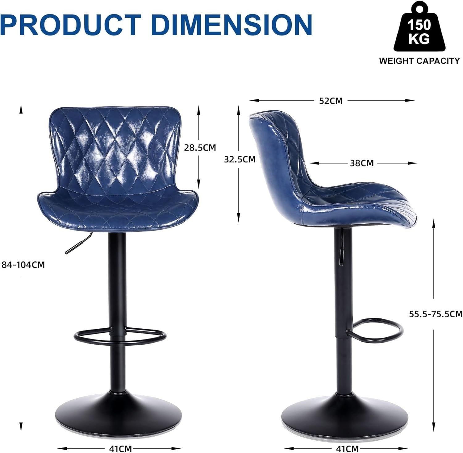 Blue Bar Stools Set of 2 | Faux Leather Seat, Adjustable Swivel, Footrest