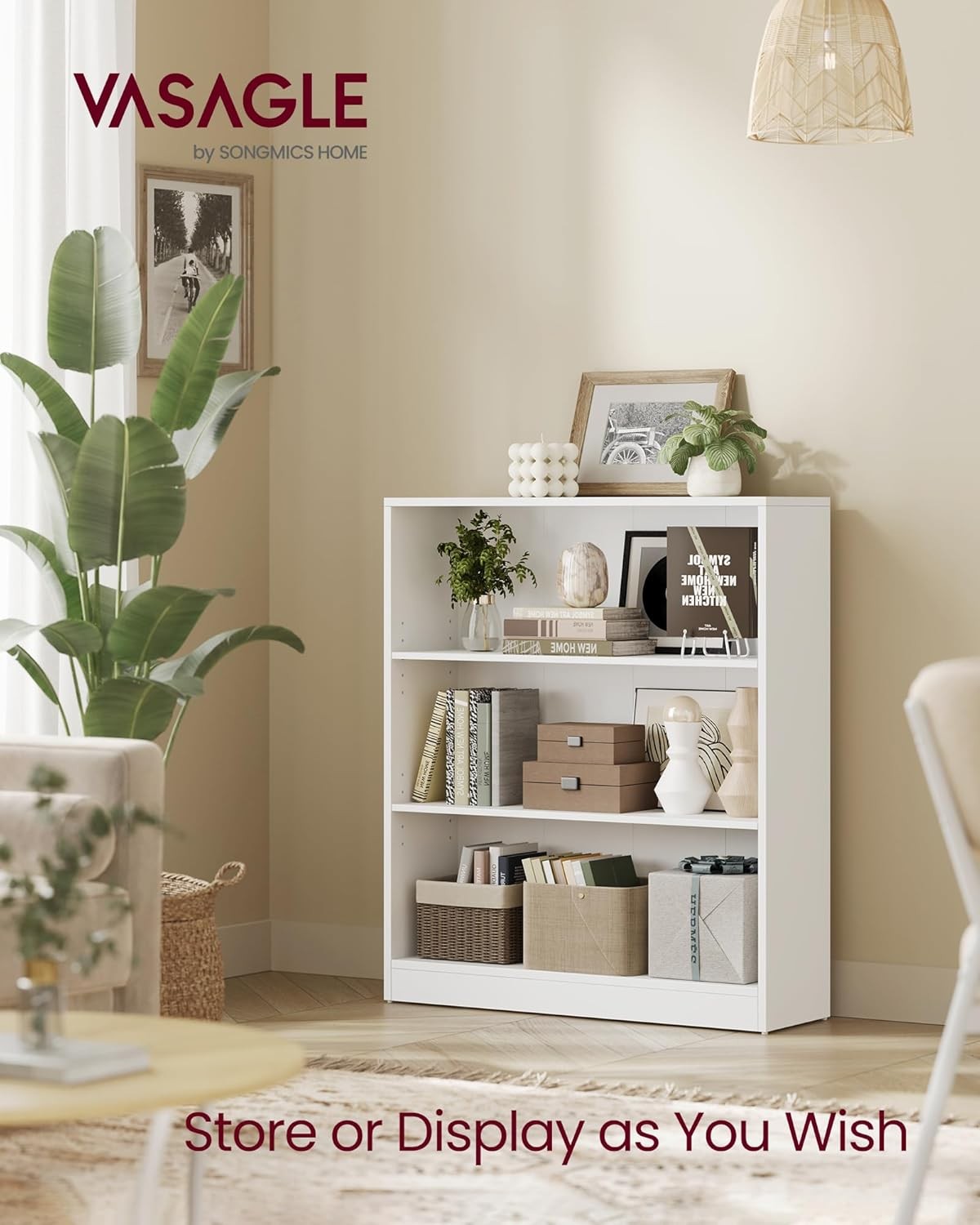 3-Tier White Bookcase 80cm Wide Adjustable Shelves Modern Storage Unit