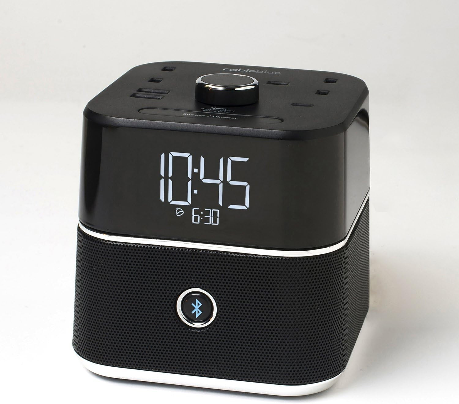 Black Digital Alarm Clock Bluetooth Speaker Dual USB-C USB-A Charging Hub
