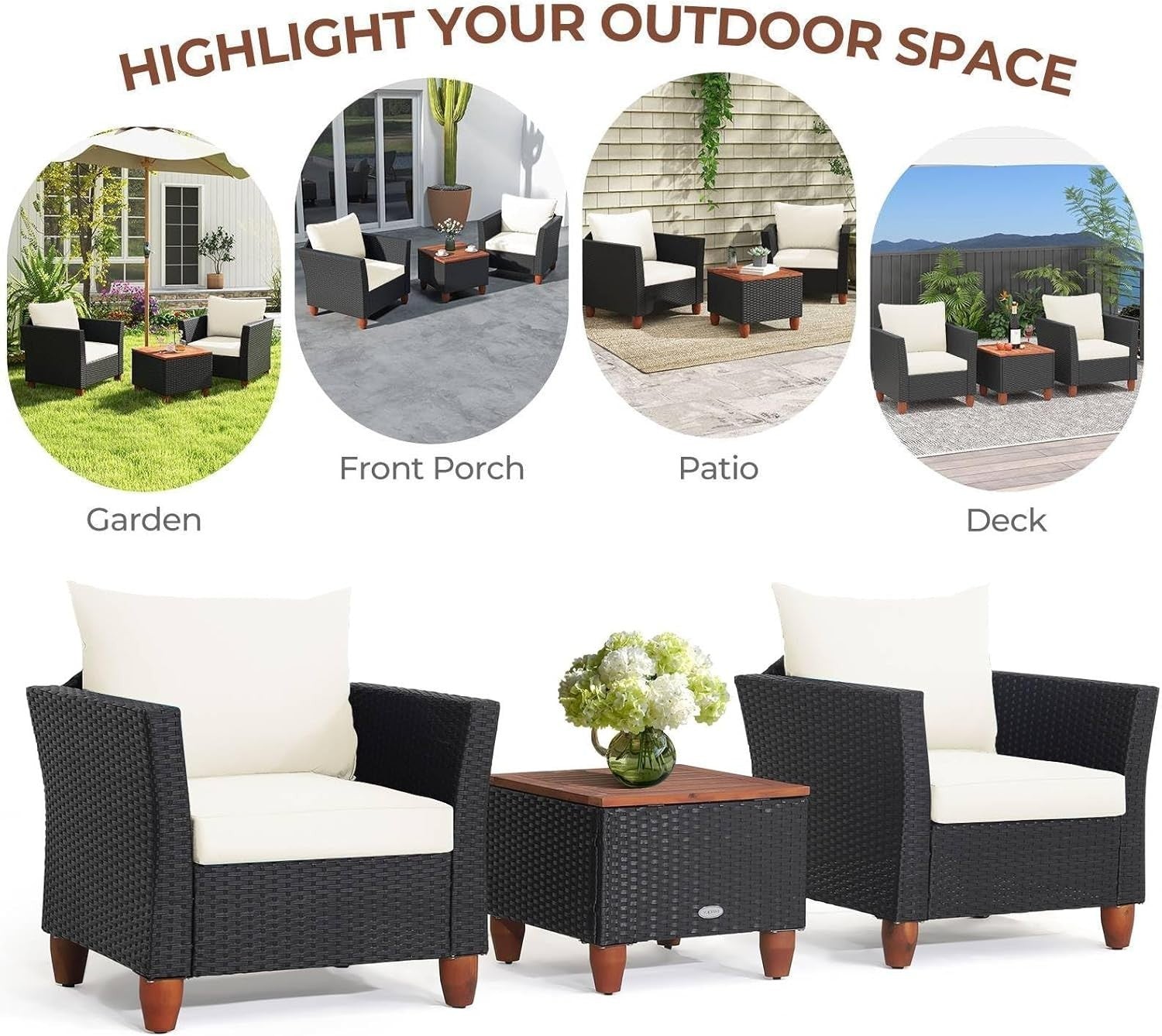Outdoor Rattan Bistro Set 3 Piece Patio Chairs with Storage Table & Cushions