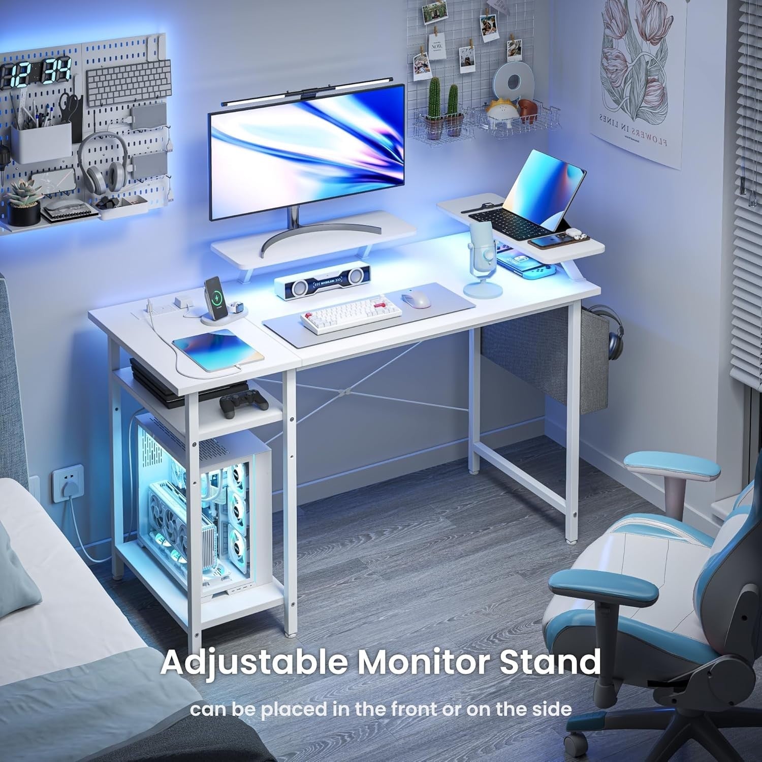 White LED Gaming Desk 100x50cm w/ Power Outlets, Dual Monitor Stands