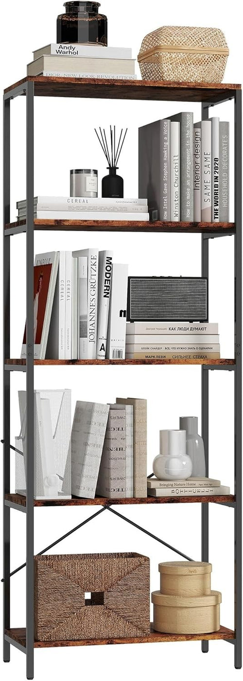 Rustic Brown & Black 5-Tier Industrial Bookcase Tall Metal Frame Display Shelf