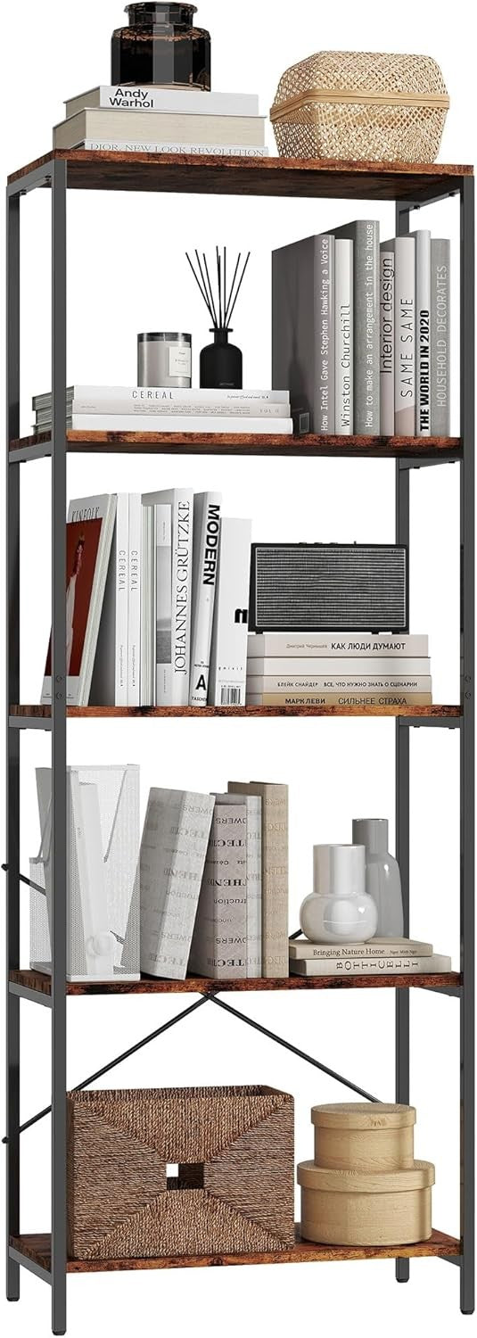 Rustic Brown & Black 5-Tier Industrial Bookcase Tall Metal Frame Display Shelf