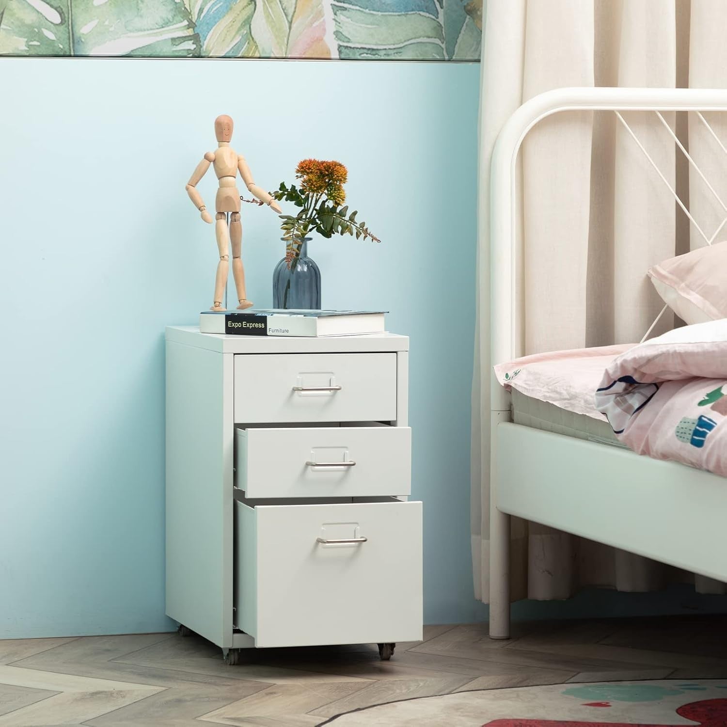Compact White Metal Rolling File Cabinet 3 Drawer Under Desk Storage