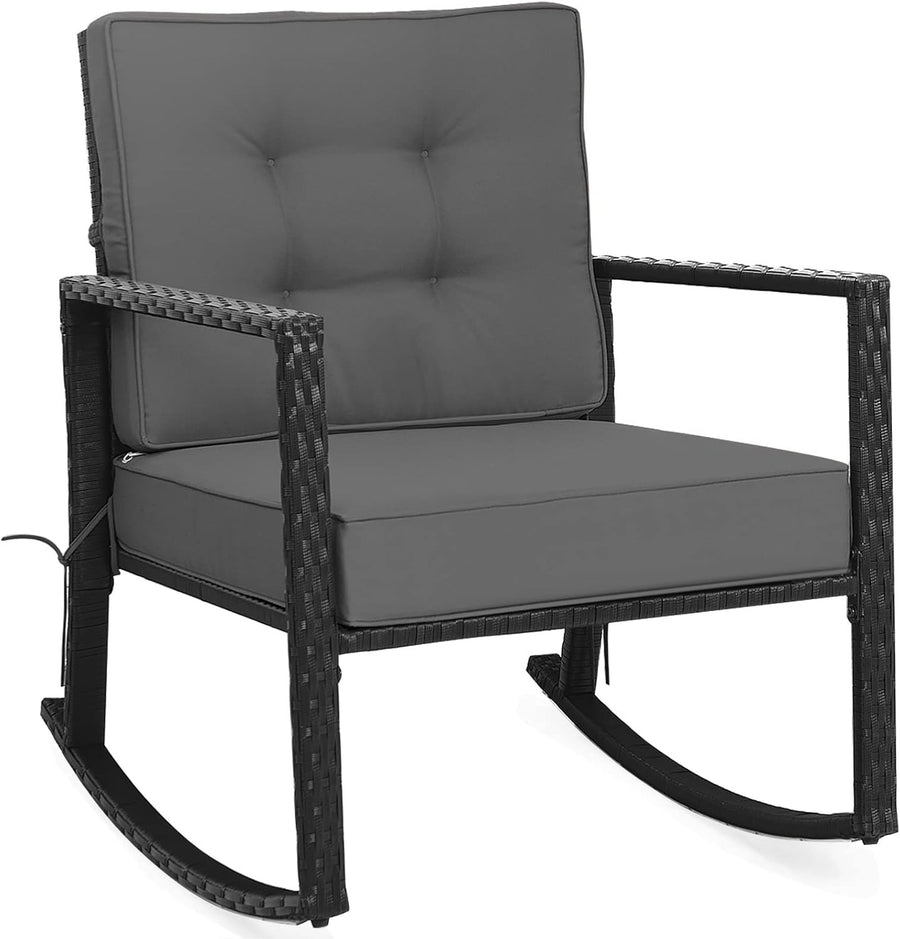 Grey Rattan Garden Rocking Chair with Cushions & Armrests Outdoor Seat