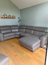 Splendid Large Grey Leather Corner Sofa + Footstool (PTP)