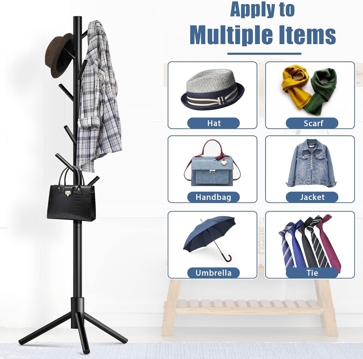 Haddockway Wooden Coat Rack Stand with 8 Hooks New Zealand Pine Adjustable Coat