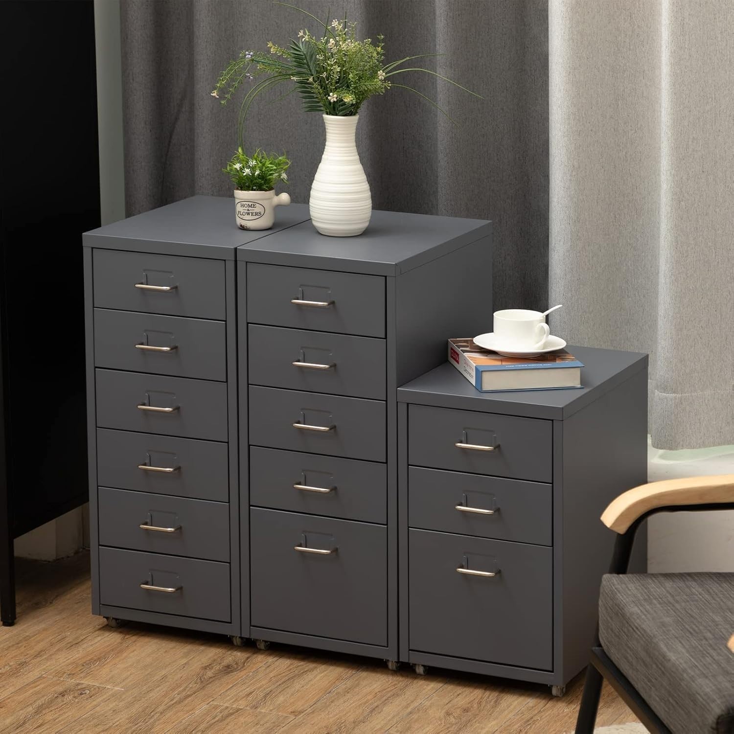 Grey Metal Rolling Drawer Tower 6 Tier Mobile File Storage Unit