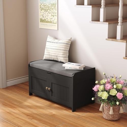 Black Shoe Storage Bench with Cushion Seat 2-Door Cabinet Entryway 76x39x46cm