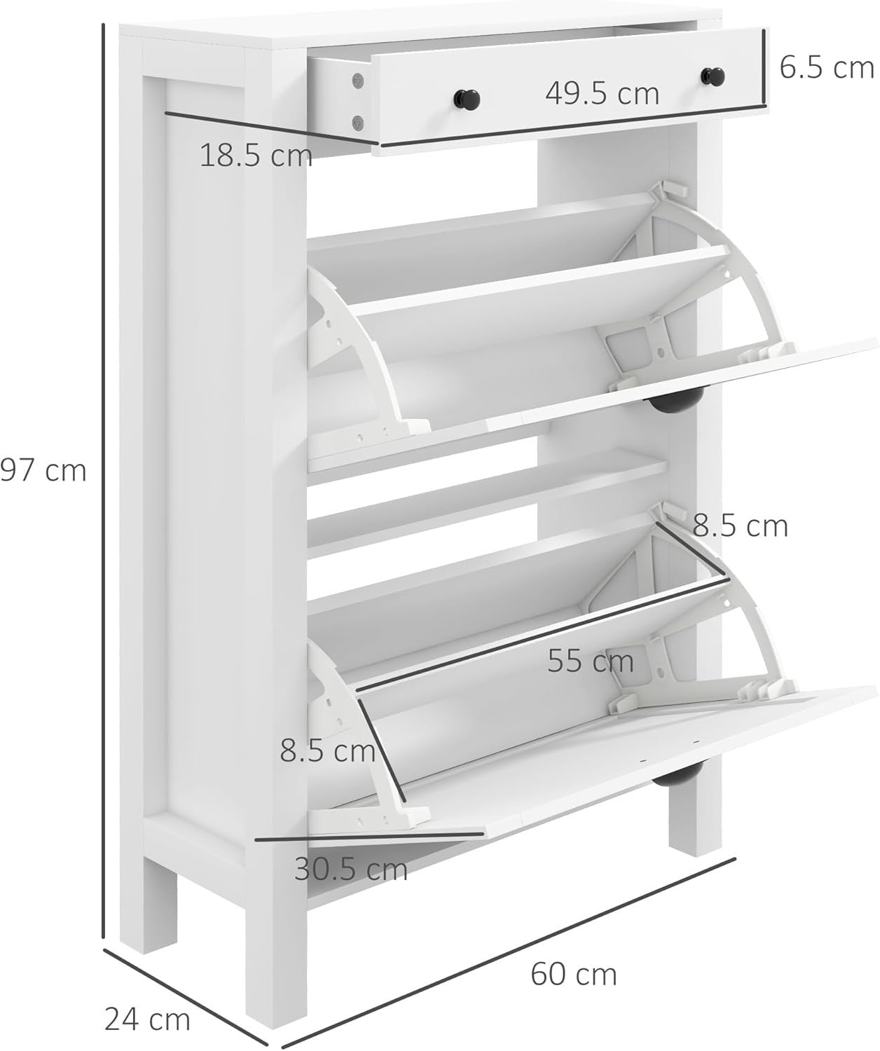Slim White Shoe Cabinet with 2 Flip Drawers & Top Storage Drawer 60x24x97cm