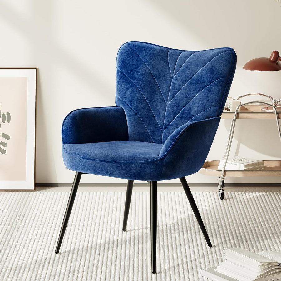 Blue Velvet Accent Chair Armchair Black Metal Legs Wide Seat