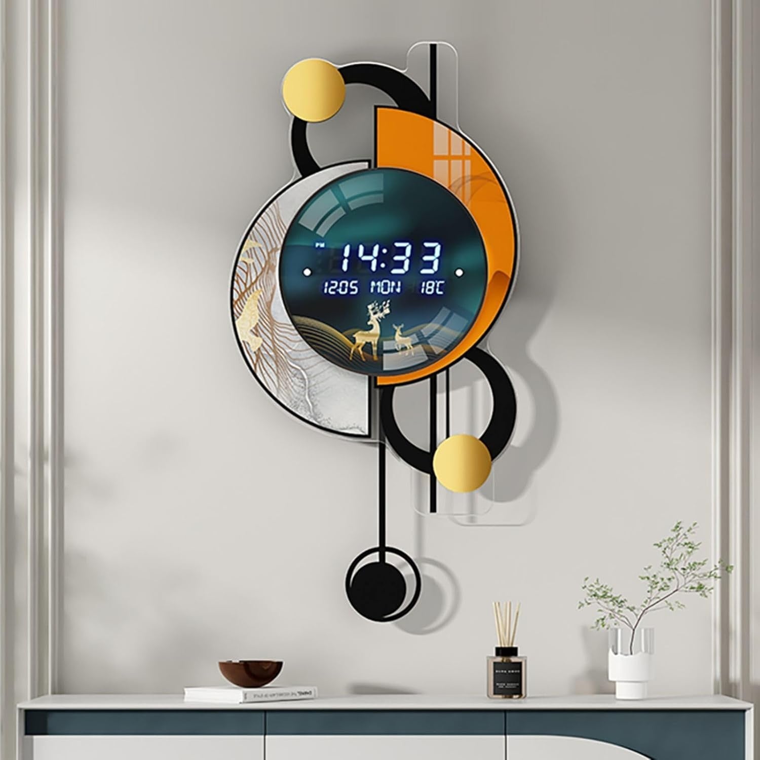 Modern LED Digital Wall Clock Silent Time Temp Display 34x67cm USB Battery