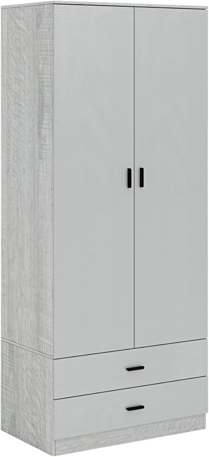 Grey Wooden Wardrobe 2 Door 2 Drawer Tall Storage Unit for Bedroom Clothes