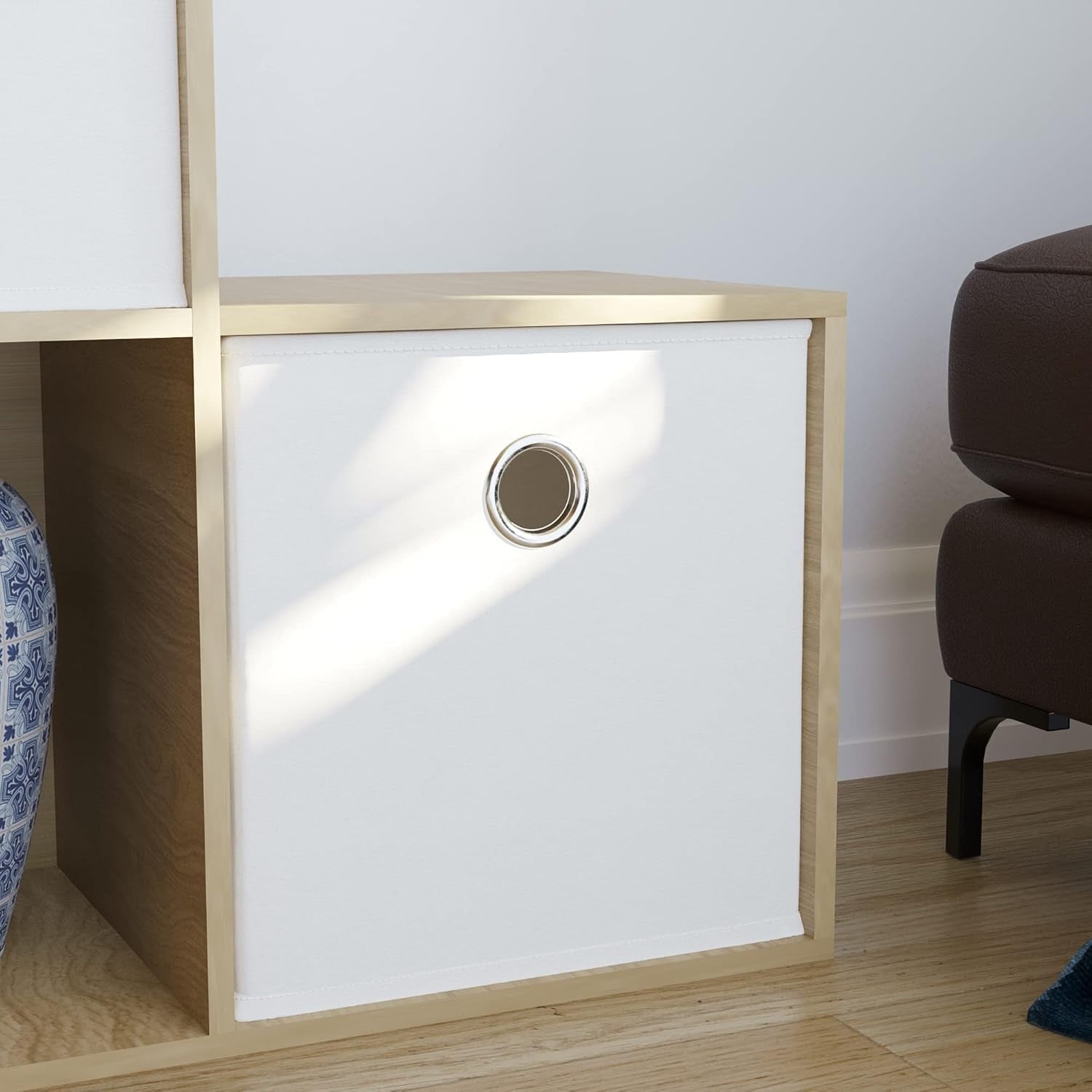 Oak 10 Cube Staircase Bookcase with 5 White Baskets Modern Storage Unit