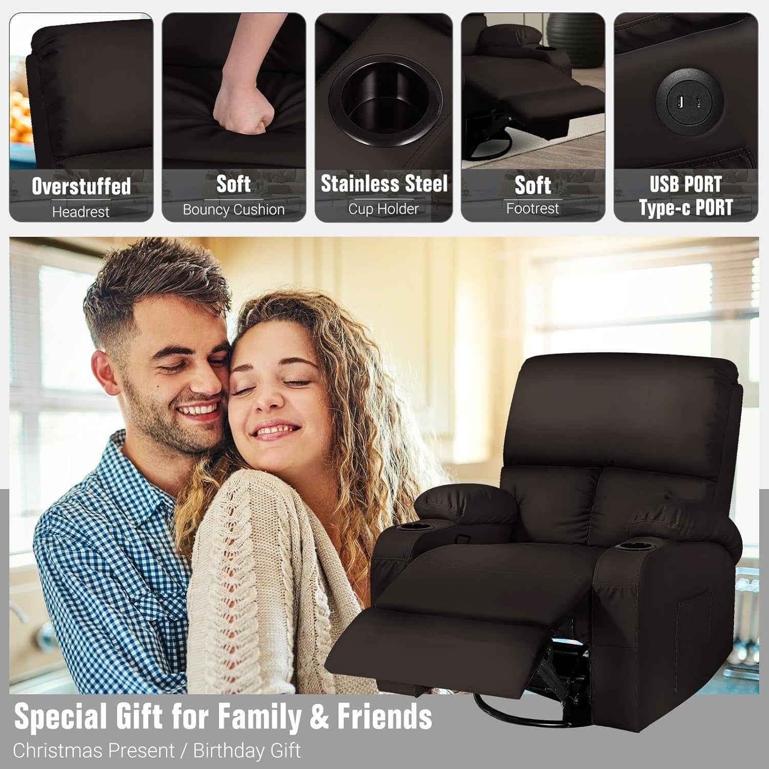 Massage Rocker Recliner Chair with Heat 360° Swivel USB & Type-C Ports Brown