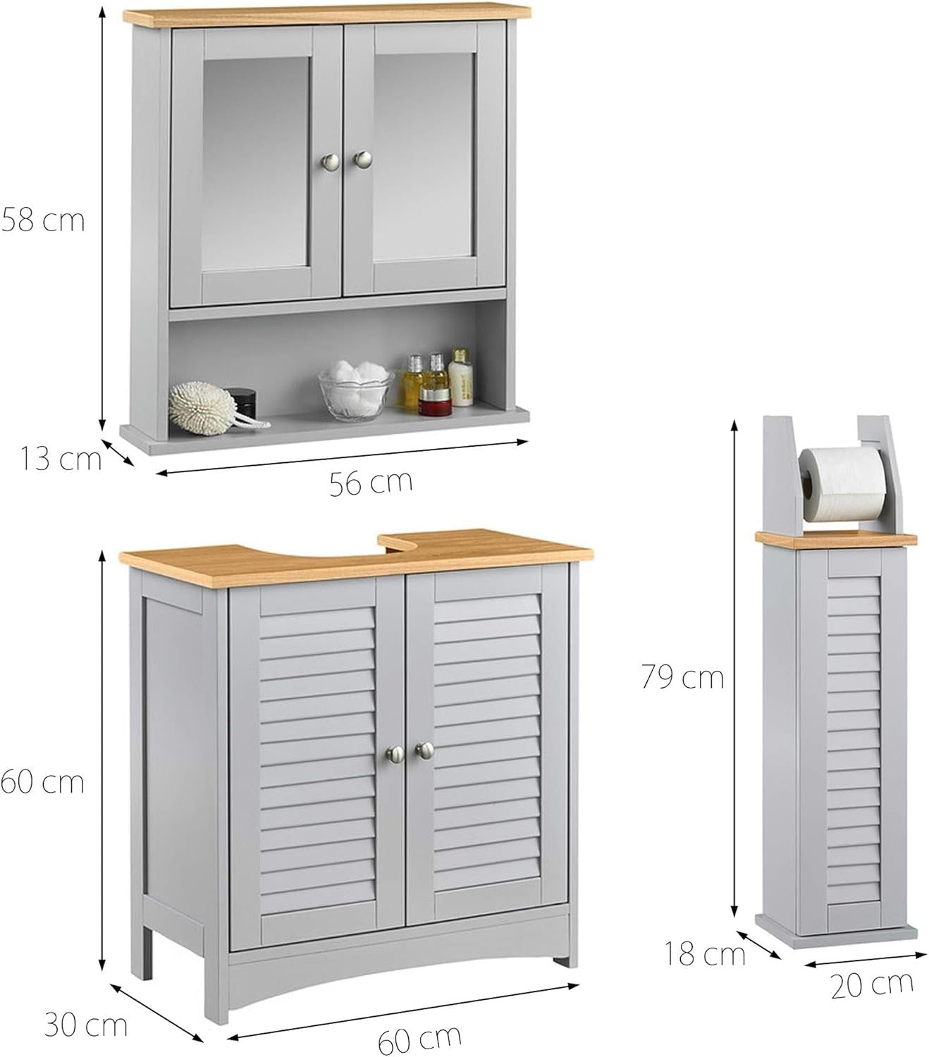 3 Piece Grey Bathroom Furniture Set | Under Sink, Tall & Wall Mirror Cabinet