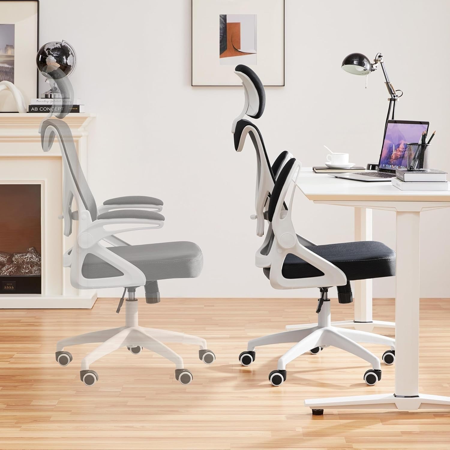 Mesh Ergonomic Office Chair Tall Back Adjustable Headrest Lumbar Flip-Up Arms Wh