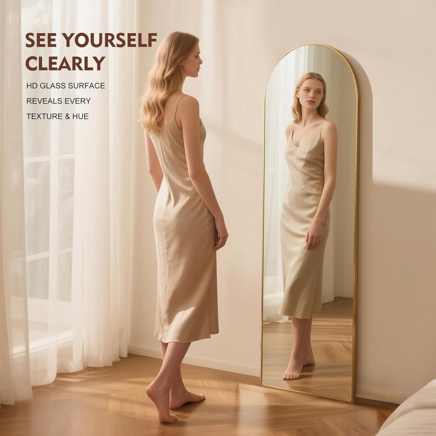 Full Length Arch Mirror 152x42cm Golden Frame Tempered Glass Free Standing