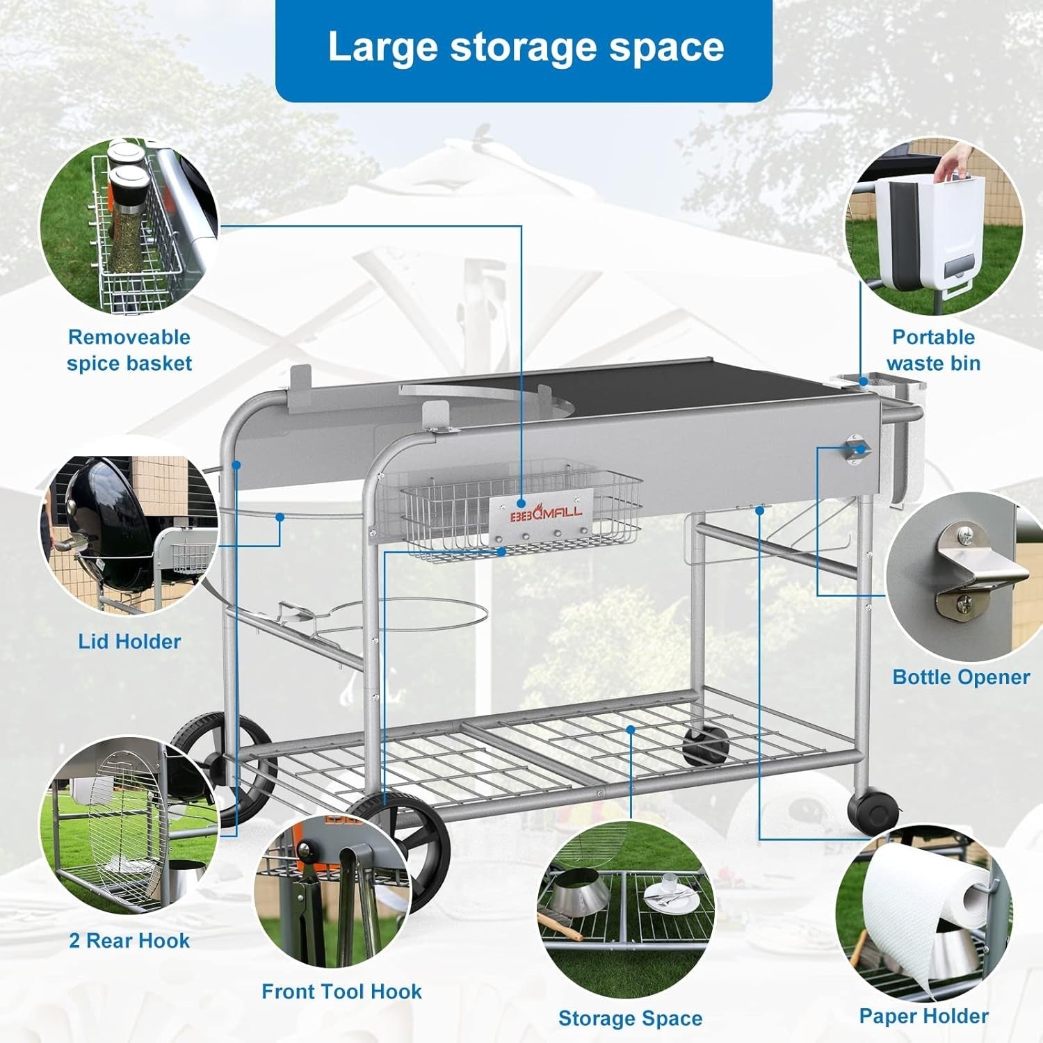 Outdoor BBQ Grill Table Prep Station Cart for Charcoal Kettle Grill with Storage