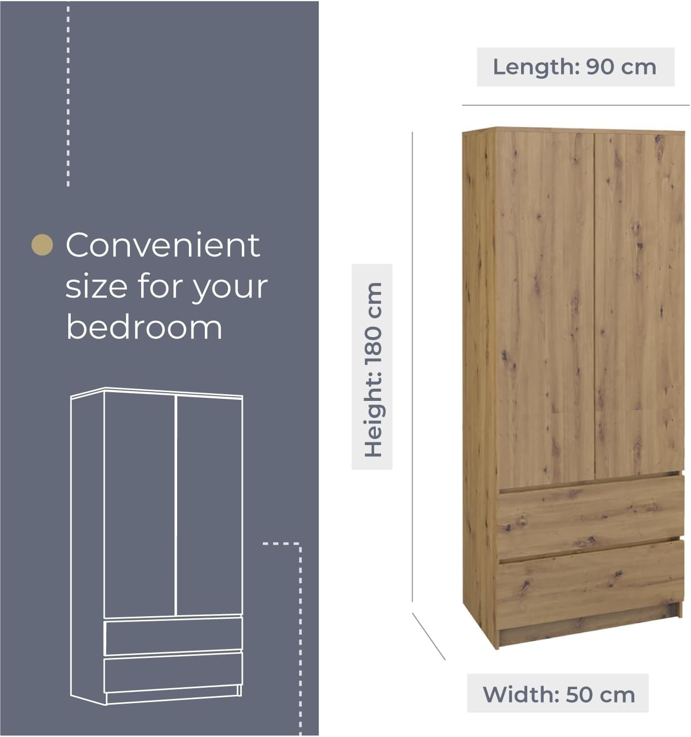 Large Rustic Double Wardrobe with Drawers & Hanging Rail - Bedroom Storage