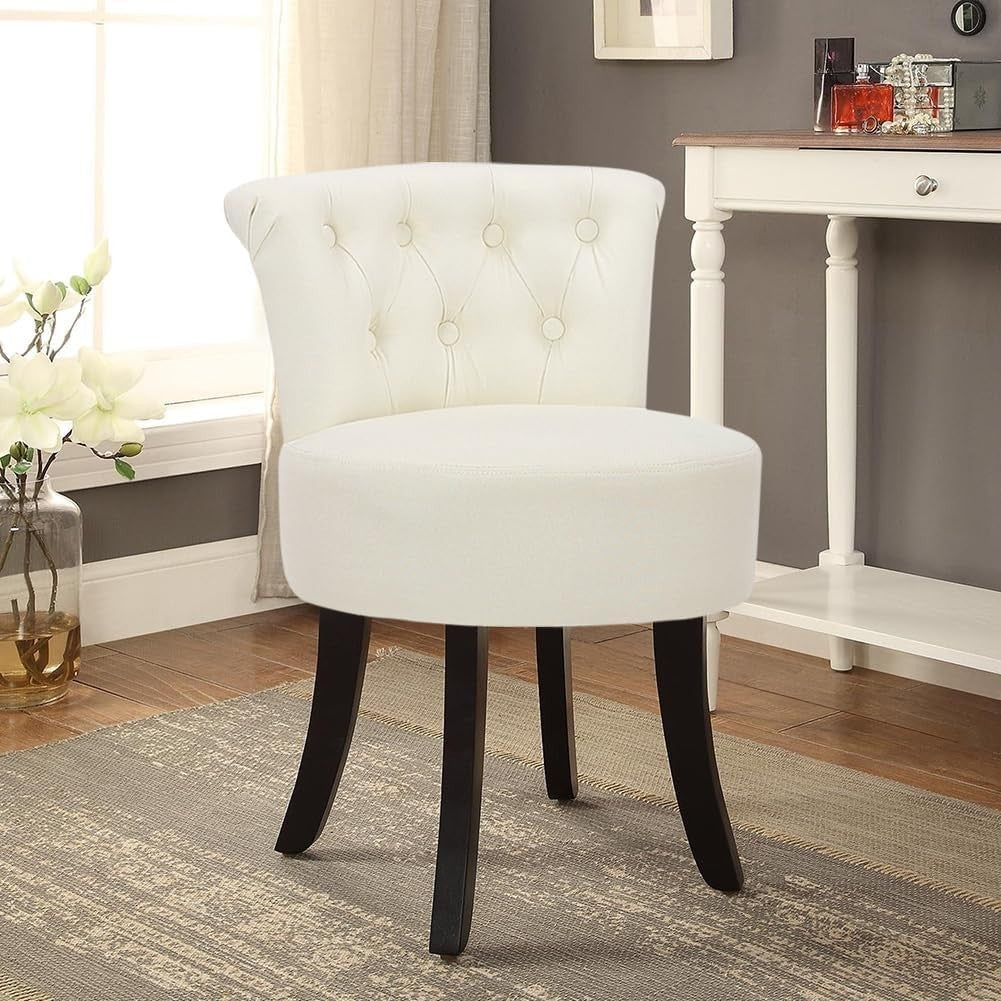 Beige High-Back Linen Vanity Chair with Solid Wood Legs for Dressing Table