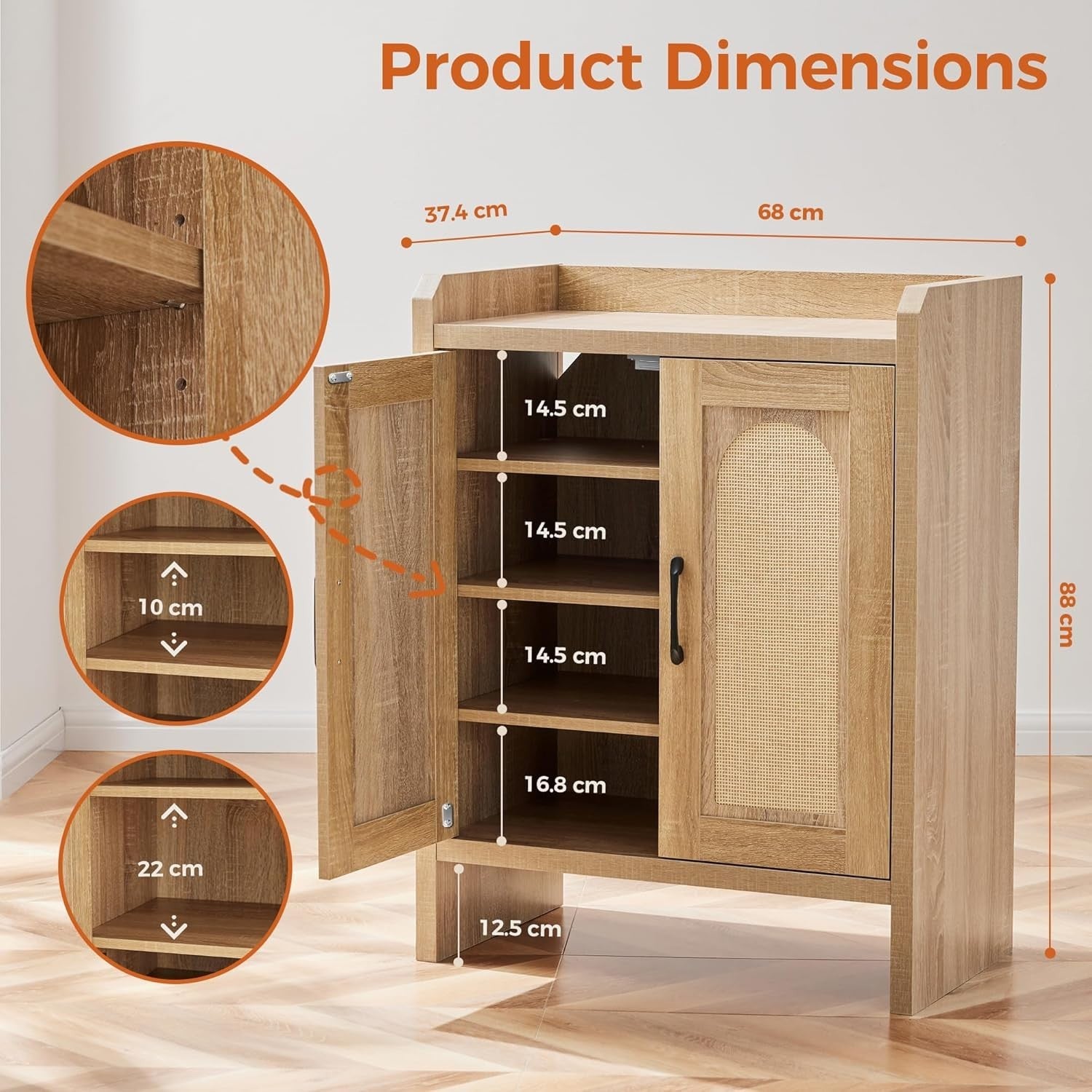 5-Layer Rattan Shoe Cabinet Adjustable Shelves Sturdy Storage 68x38x88cm