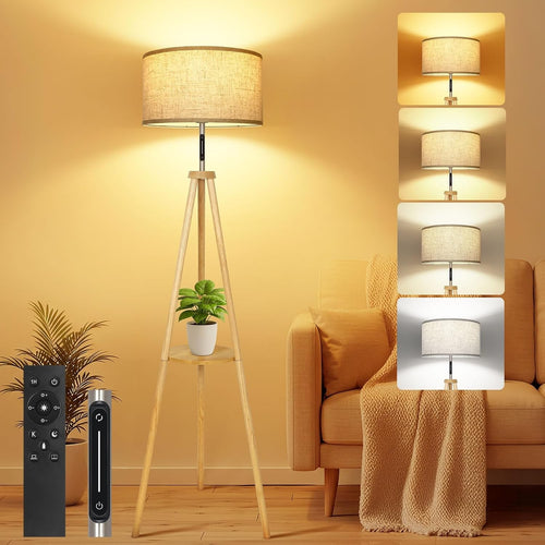 Wooden Tripod Floor Lamp Touch Remote Dimmable Shelf Linen